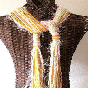 Yellow Pink String Scarf 60" Winter Strands of Yarn Wash Dry OOAK Handmade